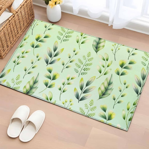 Rectangle Area Rug 2x3ft, Spring Rustic Watercolor Leaves Non-Shedding Washable Area Rug, Botanical Herb on Green Non Slip Low-Profile Rugs for Living Room, Bedroom Dining Room