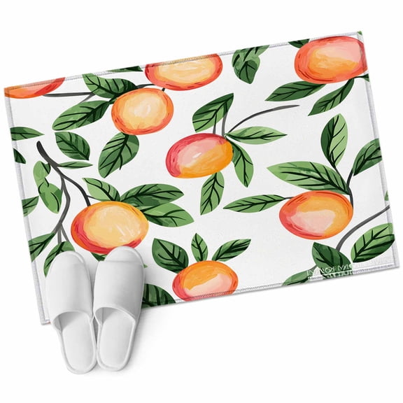 Rectangle Area Rug 2x3ft, Spring Summer Country Peach on White Non-Slip Non-Shedding Floor Mat, Farmhouse Green Leaves Washable Sturdy Carpet for Living Room Bedroom Home Decor