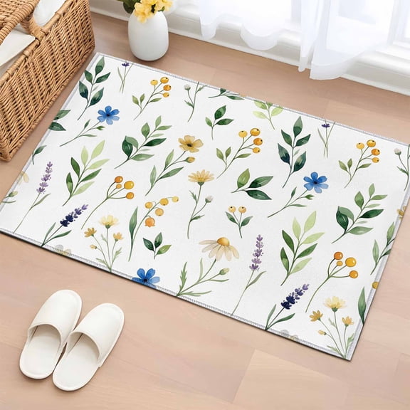 Rectangle Area Rug 2x3ft, Spring Watercolor Flower Berry Non-Slip Non-Shedding Floor Mat, Pastoral Floral Leaves Plant Washable Sturdy Carpet for Living Room Bedroom Home Decor
