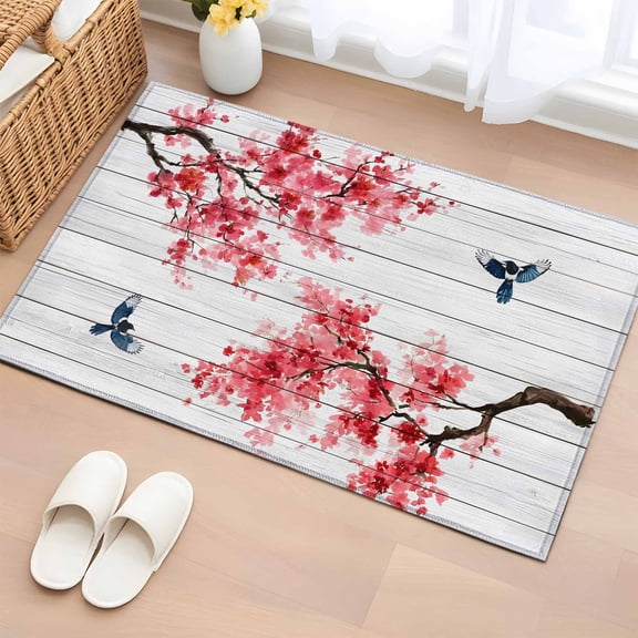 Rectangle Area Rug 2x3ft, Spring Watercolor Flower Plum Blossom Non-Slip Non-Shedding Floor Mat, Bird Farm Wooden Plank Washable Sturdy Carpet for Living Room Bedroom Home Decor
