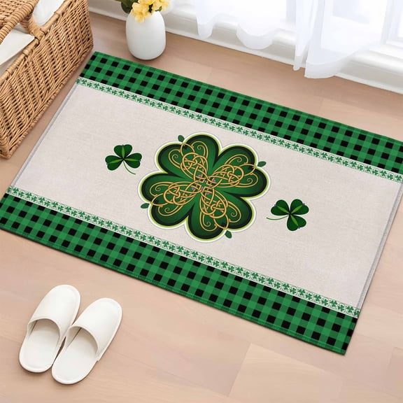 Rectangle Area Rug 2x3ft, St. Patrick's Day Celtic Knot Lucky Clovers Non-Shedding Washable Area Rug, Green Black Buffalo Plaid Non Slip Low-Profile Rugs for Living Room, Bedroom Dining Room