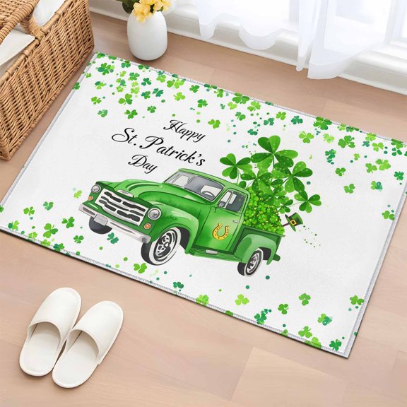 Rectangle Area Rug 2x3ft, St. Patrick's Day Green Shamrock Non-Shedding Washable Area Rug, Country Truck Three-leaf Grass Non Slip Low-Profile Rugs for Living Room, Bedroom Dining Room