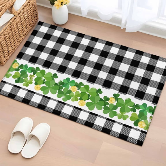 Rectangle Area Rug 2x3ft, St. Patrick's Day Lucky Green Gold Coin Non-Slip Non-Shedding Floor Mat, Black White Plaid Washable Sturdy Carpet for Living Room Bedroom Home Decor