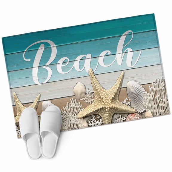 Rectangle Area Rug 2x3ft, Summer Beach Ocean Starfish Shell Non-Slip Non-Shedding Floor Mat, Farm Wood Board Washable Sturdy Carpet for Living Room Bedroom Home Decor