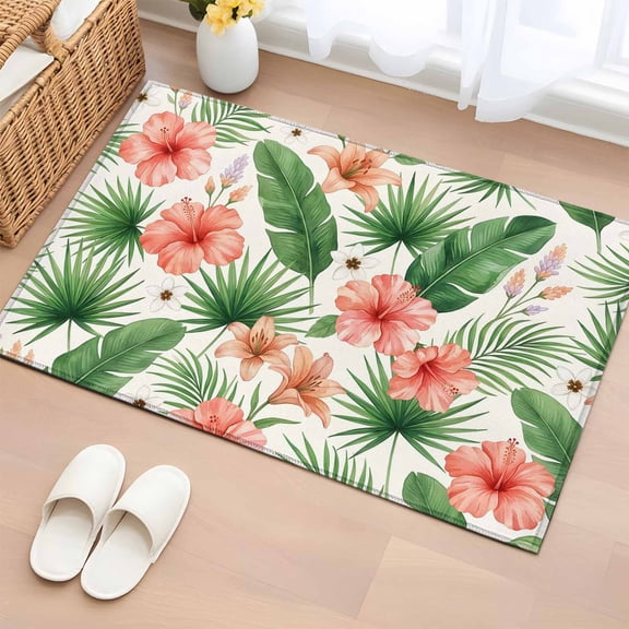 Rectangle Area Rug 2x3ft, Summer Blossom Hibiscus Leaf Non-Slip Non-Shedding Floor Mat, Country Floral Green Leaves Washable Sturdy Carpet for Living Room Bedroom Home Decor