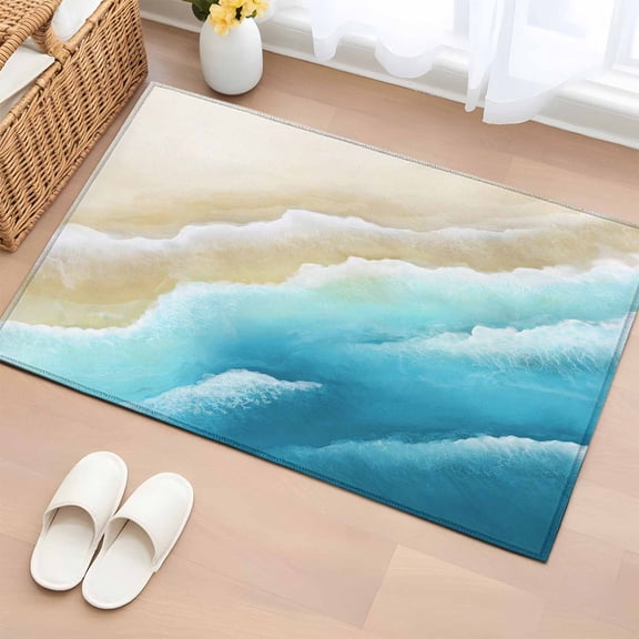 Rectangle Area Rug 2x3ft, Summer Blue Gradients Wave Non-Slip Non-Shedding Floor Mat, Sandy Beaches Washable Sturdy Carpet for Living Room Bedroom Home Decor