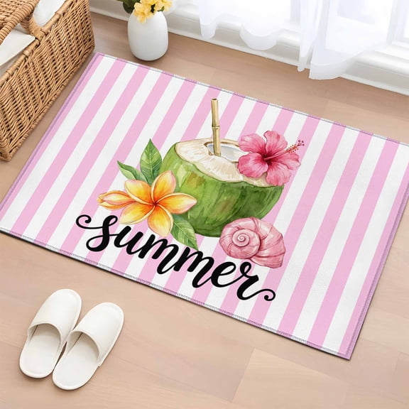 Rectangle Area Rug 2x3ft,Summer Coconut Flower Conch Washable Carpet Non-Slip Runner Accent Rugs Indoor Floor Mat for Bedroom Living Room Decor,Ocean Beach Theme Pink Stripe