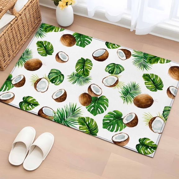 Rectangle Area Rug 2x3ft, Summer Coconut Monstera Palm Leaf Non-Slip Non-Shedding Floor Mat, Tropical Fruit Leaves Washable Sturdy Carpet for Living Room Bedroom Home Decor