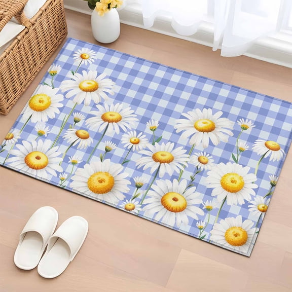 Rectangle Area Rug 2x3ft, Summer Daisy Blue Plaid Non-Shedding Washable Area Rug, Pastoral Wild Flower Plant Non Slip Low-Profile Rugs for Living Room, Bedroom Dining Room