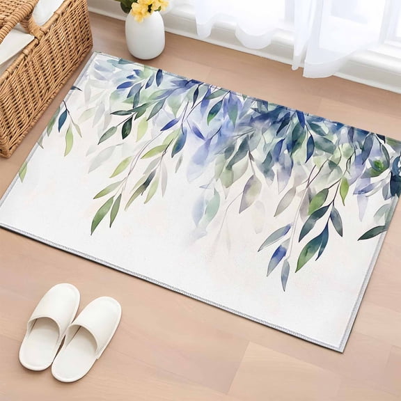 Rectangle Area Rug 2x3ft, Summer Eucalyptus Leaf Non-Slip Non-Shedding Floor Mat, Farmhouse Blue Green Leaves Washable Sturdy Carpet for Living Room Bedroom Home Decor