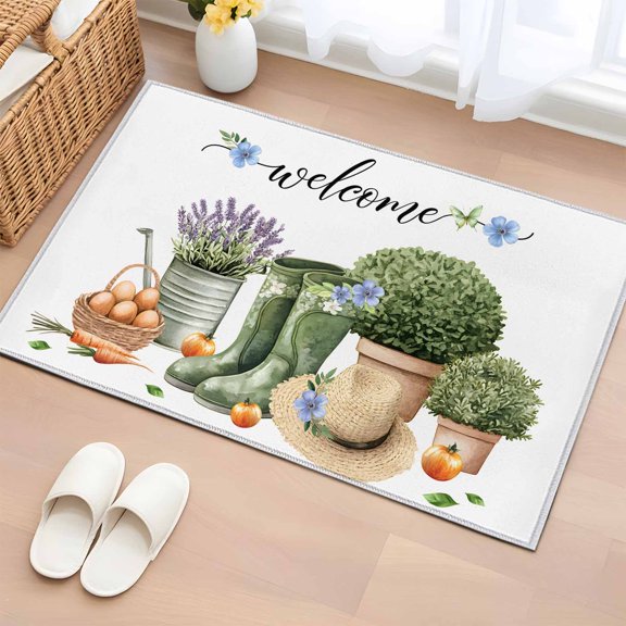 Rectangle Area Rug 2x3ft,Summer Green Boots Potted Plant Egg Washable Carpet Non-Slip Runner Accent Rugs Indoor Floor Mat for Bedroom Living Room Decor,Rustic Farmhouse Theme