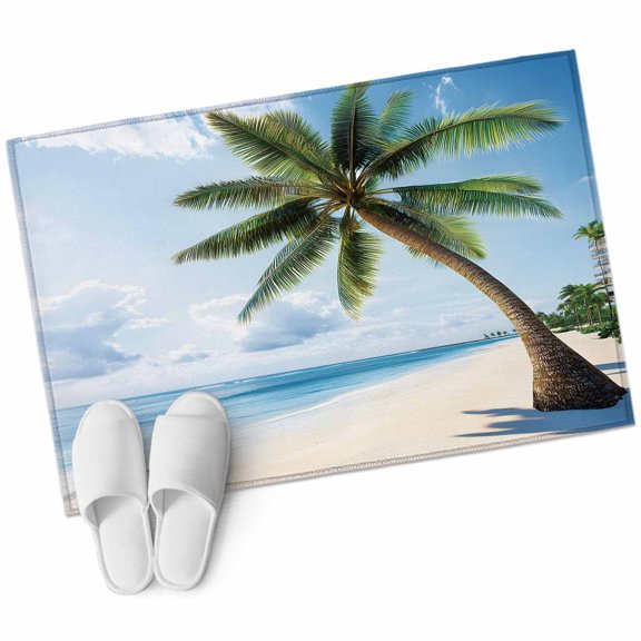 Rectangle Area Rug 2x3ft, Summer Green Coconut Tree Ocean Non-Slip Non-Shedding Floor Mat, Seaside Sandy Beach Washable Sturdy Carpet for Living Room Bedroom Home Decor
