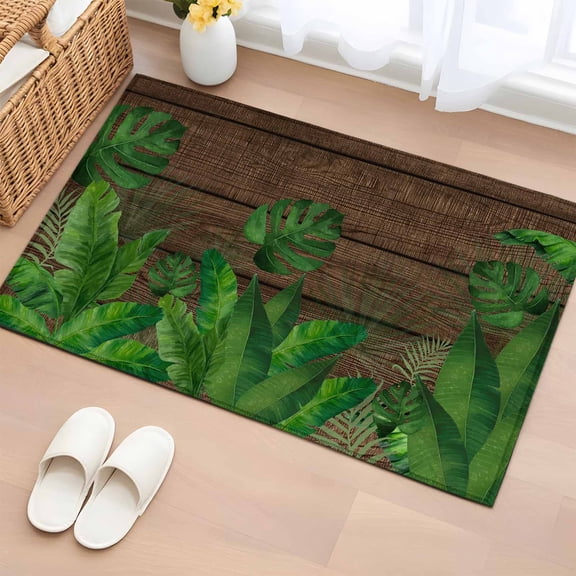 Rectangle Area Rug 2x3ft, Summer Green Palm Leaves Monstera Non-Slip Non-Shedding Floor Mat, Brown Wood Board Washable Sturdy Carpet for Living Room Bedroom Home Decor