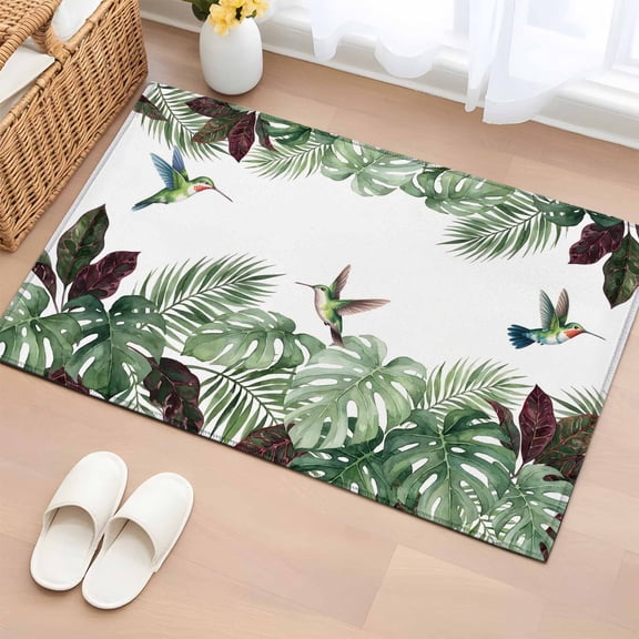 Rectangle Area Rug 2x3ft, Summer Hummingbird Green Leaf Non-Slip Non-Shedding Floor Mat, Tropical Bird Monstera Palm Leaves Washable Sturdy Carpet for Living Room Bedroom Home Decor