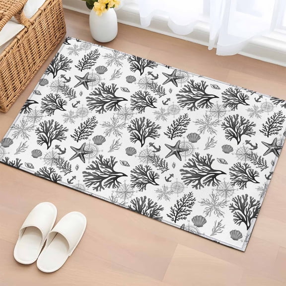 Rectangle Area Rug 2x3ft, Summer Ocean Gray Coral Starfish Non-Shedding Washable Area Rug, Nautical Shell Compass Non Slip Low-Profile Rugs for Living Room, Bedroom Dining Room