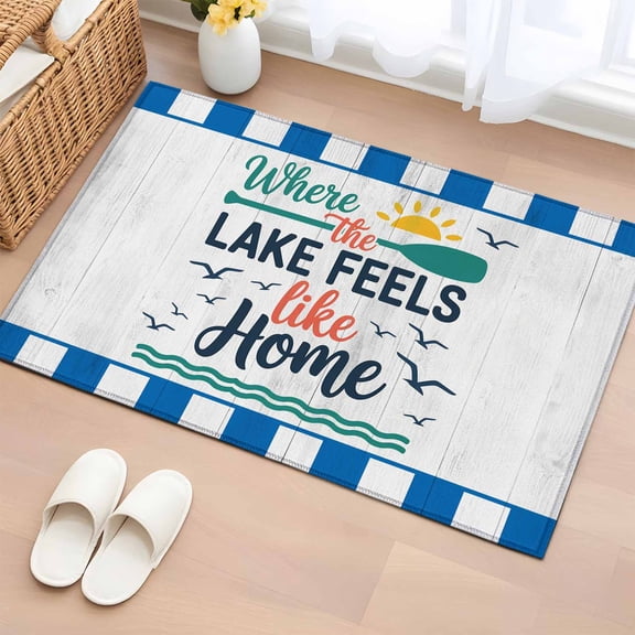 Rectangle Area Rug 2x3ft,Summer Ocean Wavy Retro Plank Washable Carpet Non-Slip Runner Accent Rugs Indoor Floor Mat for Bedroom Living Room Decor,Lake Feels like Home Quote