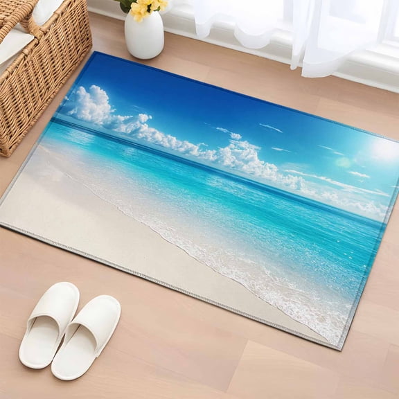 Rectangle Area Rug 2x3ft, Summer Sea View Sandy Beach Non-Slip Non-Shedding Floor Mat, Blue Sky Ocean Washable Sturdy Carpet for Living Room Bedroom Home Decor