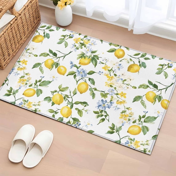 Rectangle Area Rug 2x3ft,Summer Watercolor Lemon Flower Washable Carpet Non-Slip Runner Accent Rugs Indoor Floor Mat for Bedroom Living Room Decor,Spring Farm Fruit Green Leaf