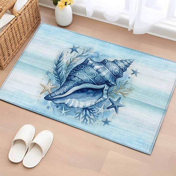 Rectangle Area Rug 2x3ft,Summer Watercolor Sea Nuts Washable Carpet Non-Slip Runner Accent Rugs Indoor Floor Mat for Bedroom Living Room Decor,Ocean Stars on Blue Spray