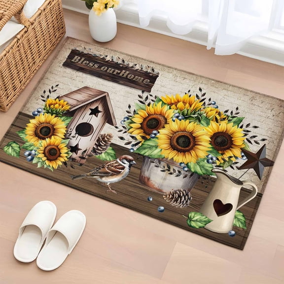 Rectangle Area Rug 2x3ft,Sunflower Berry Leaf Bird Washable Carpet Non-Slip Runner Accent Rugs Indoor Floor Mat for Bedroom Living Room Decor,Retro Rustic Farmhouse Theme