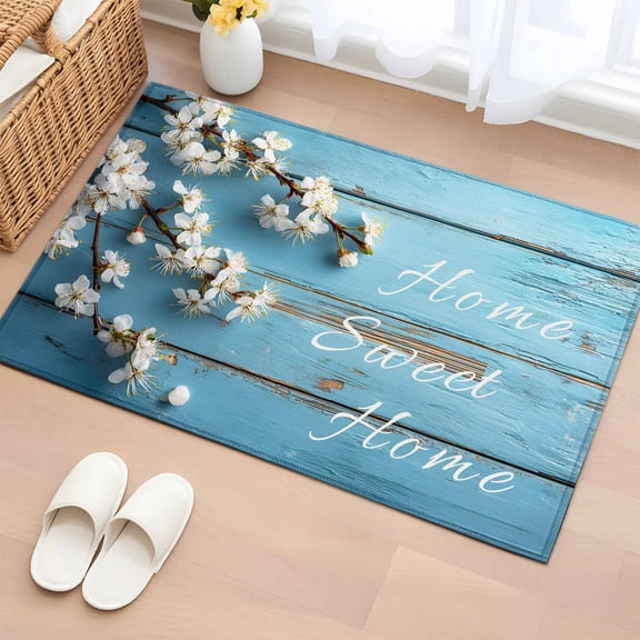 Rectangle Area Rug 2x3ft,Sweet Home Words on Blue Wood Board Washable Carpet Non-Slip Runner Accent Rugs Indoor Floor Mat for Bedroom Living Room Decor,Apricot Blossom