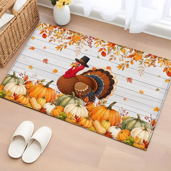 Rectangle Area Rug 2x3ft, Thanksgiving Fall Turkey Bird Non-Shedding Washable Area Rug, Farm Pumpkins Wood Board Non Slip Low-Profile Rugs for Living Room, Bedroom Dining Room