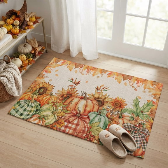 Rectangle Area Rug 2x3ft,Thanksgiving Plaid Pumpkin Fall Orange Leaves Washable Carpet Non-Slip Runner Accent Rugs Indoor Floor Mat for Bedroom Living Room Decor,Farm Sunflower Retro Linen