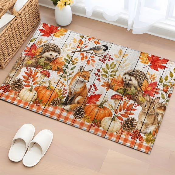 Rectangle Area Rug 2x3ft, Thanksgiving Red Fox Rabbit Hedgehog Non-Shedding Washable Area Rug, Maple Leaves Non Slip Low-Profile Rugs for Living Room, Bedroom Dining Room