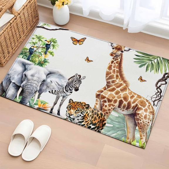 Rectangle Area Rug 2x3ft, Tiger Elephant Giraffe Animal Non-Shedding Washable Area Rug, Tropical Jungle Green Leaves Non Slip Low-Profile Rugs for Living Room, Bedroom Dining Room
