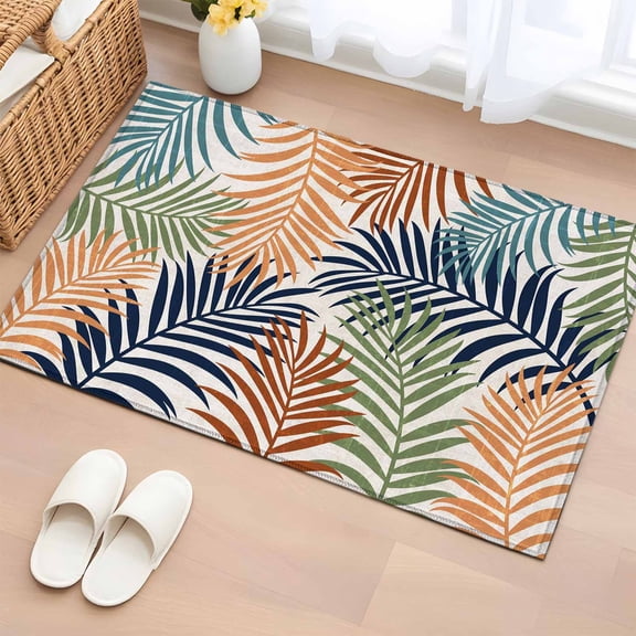 Rectangle Area Rug 2x3ft, Tropical Botanical Palm Fronds Non-Slip Non-Shedding Floor Mat, Blue Green Brown Leaf Washable Sturdy Carpet for Living Room Bedroom Home Decor