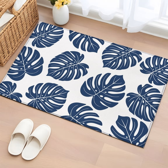 Rectangle Area Rug 2x3ft, Tropical Monstera Leaf Navy Blue Foliage Non-Slip Non-Shedding Floor Mat, Botanical Leaves Washable Sturdy Carpet for Living Room Bedroom Home Decor