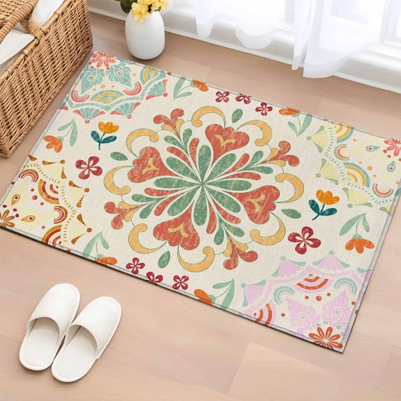Rectangle Area Rug 2x3ft, Turkey Floral Pattern Non-Slip Non-Shedding Floor Mat, Retro Bohemian Art Washable Sturdy Carpet for Living Room Bedroom Home Decor