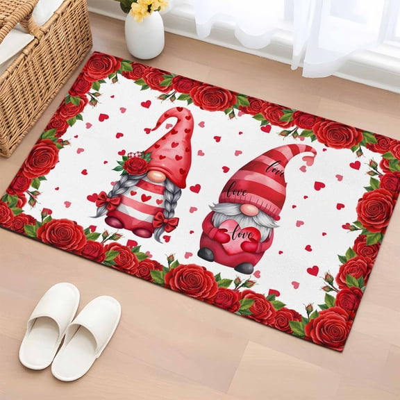 Rectangle Area Rug 2x3ft, Valentine's Day Dwarf Red Flower Non-Shedding Washable Area Rug, Rose Floral Heart Shape Non Slip Low-Profile Rugs for Living Room, Bedroom Dining Room