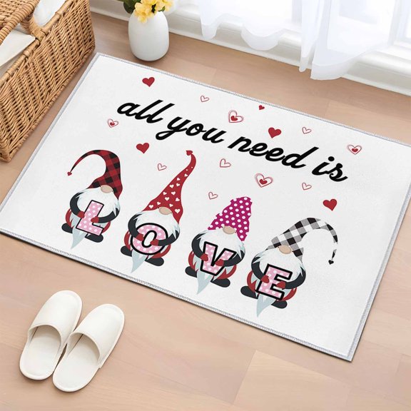 Rectangle Area Rug 2x3ft, Valentine's Day Gnomes with Love Heart Non-Shedding Washable Area Rug, Romantic Element on White Non Slip Low-Profile Rugs for Living Room, Bedroom Dining Room