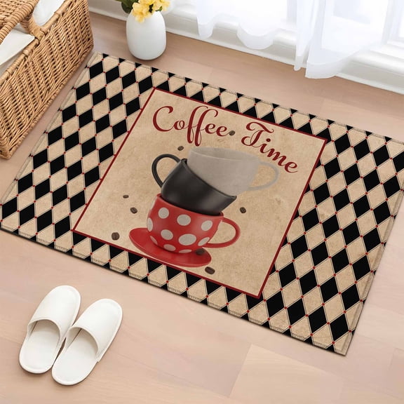 Rectangle Area Rug 2x3ft, Vintage Coffee Cup Beans Texts Non-Shedding Washable Area Rug, Black Check Border Non Slip Low-Profile Rugs for Living Room, Bedroom Dining Room