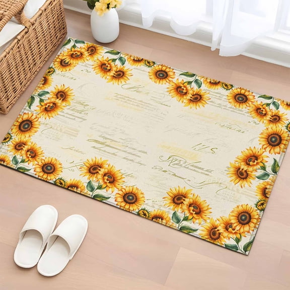 Rectangle Area Rug 2x3ft, Vintage Farm Sunflower Leaves Non-Shedding Washable Area Rug, Retro Letter Back Non Slip Low-Profile Rugs for Living Room, Bedroom Dining Room