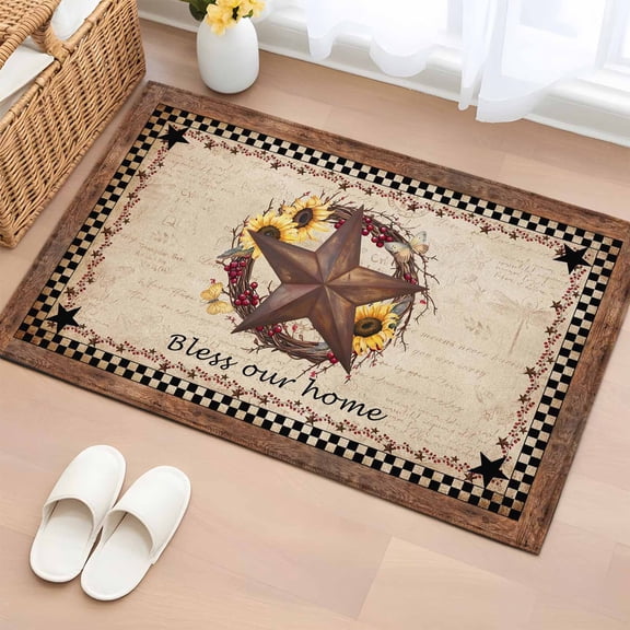 Rectangle Area Rug 2x3ft,Vintage Farmhouse Country Star Washable Carpet Non-Slip Runner Accent Rugs Indoor Floor Mat for Bedroom Living Room Decor,Retro Brown Stars Sunflower