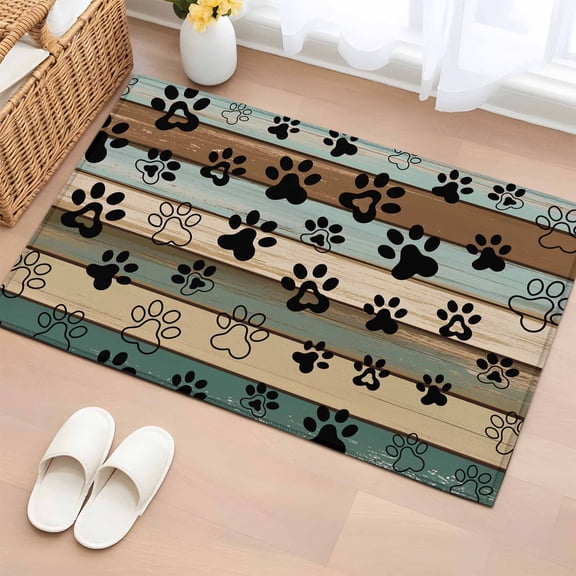 Rectangle Area Rug 2x3ft, Vintage Farmhouse Wooden Plank Non-Shedding Washable Area Rug, Cartoon Dog Paws Non Slip Low-Profile Rugs for Living Room, Bedroom Dining Room