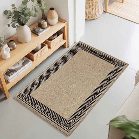 Rectangle Area Rug 2x3ft,Vintage Greece Pattern Living Room Rug Non-Slip Washable Circle Rugs Pad,Geometric Black Line on Brown Soft Floor Carpet for Bedroom Dining Room