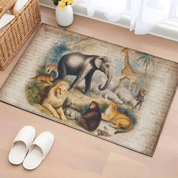Rectangle Area Rug 2x3ft, Vintage Jungle Animals Non-Shedding Washable Area Rug, Elephants Giraffes Lions Non Slip Low-Profile Rugs for Living Room, Bedroom Dining Room