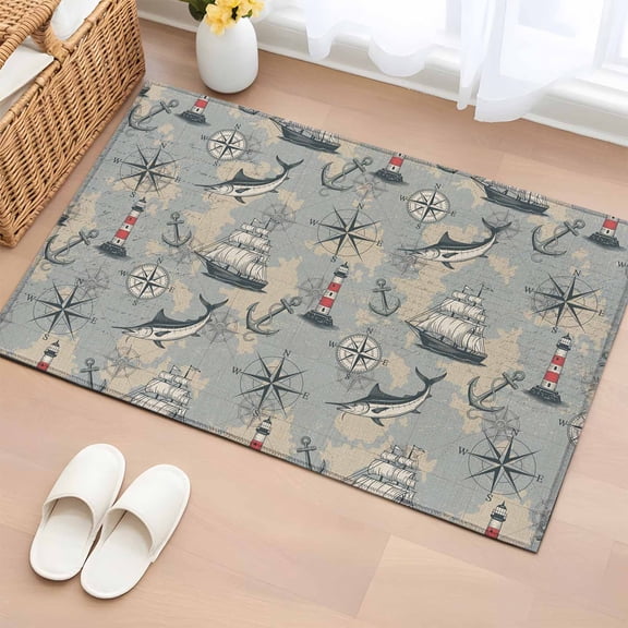 Rectangle Area Rug 2x3ft, Vintage Sailing Boat Lighthouse Non-Shedding Washable Area Rug, Nautical Compass Anchor Non Slip Low-Profile Rugs for Living Room, Bedroom Dining Room