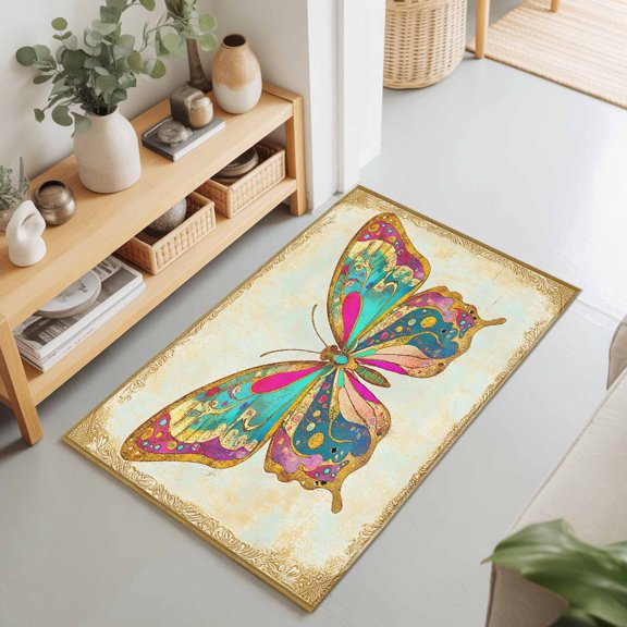 Rectangle Area Rug 2x3ft,Vintage Watercolor Butterfly Living Room Rug Non-Slip Washable Circle Rugs Pad,Retro Abstract Animal Print Soft Floor Carpet for Bedroom Dining Room