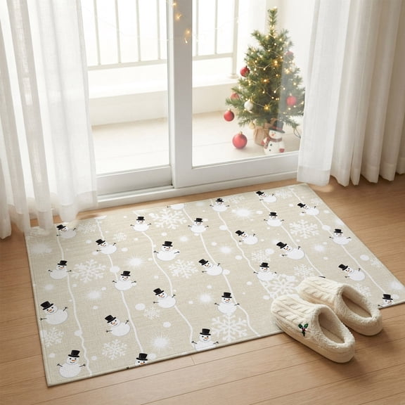 Rectangle Area Rug 2x3ft,Vintage Winter Christmas Snowman Washable Carpet Non-Slip Runner Accent Rugs Indoor Floor Mat for Bedroom Living Room Decor,Snowflakes on Linen