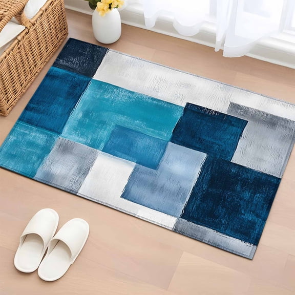 Rectangle Area Rug 2x3ft, Watercolor Blue White Grey Square Non-Shedding Washable Area Rug, Modern Abstract Art Non Slip Low-Profile Rugs for Living Room, Bedroom Dining Room