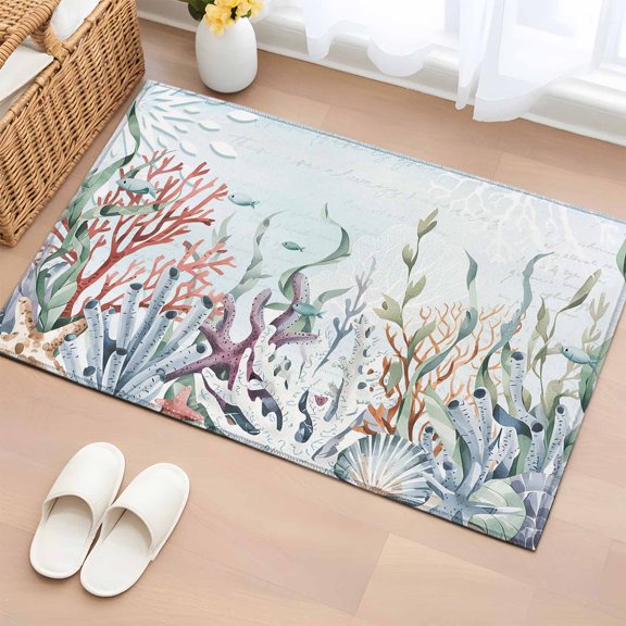 Rectangle Area Rug 2x3ft,Watercolor Coral Fish Shell on Blue Letter Washable Carpet Non-Slip Runner Accent Rugs Indoor Floor Mat for Bedroom Living Room Decor,Marine Life