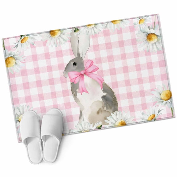 Rectangle Area Rug 2x3ft, Watercolor Easter Rabbit Daisy Non-Slip Non-Shedding Floor Mat, Pink Checkered Plaid Washable Sturdy Carpet for Living Room Bedroom Home Decor