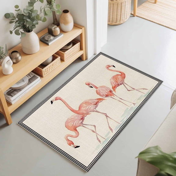 Rectangle Area Rug 2x3ft,Watercolor Flamingo on Burlap Washable Carpet Non-Slip Runner Accent Rugs Indoor Floor Mat for Bedroom Living Room Decor,Farm Tropical Animal Patterns