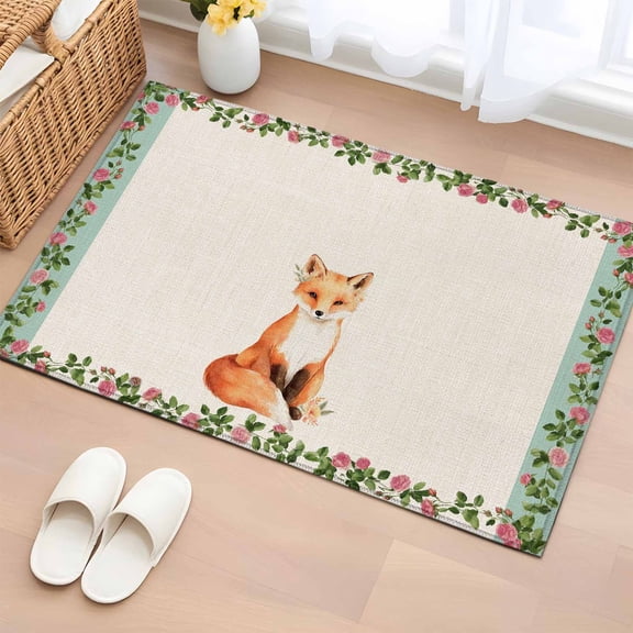 Rectangle Area Rug 2x3ft, Watercolor Flower Fox on Burlap Non-Slip Non-Shedding Floor Mat, Spring Floral Leaves Animal Washable Sturdy Carpet for Living Room Bedroom Home Decor