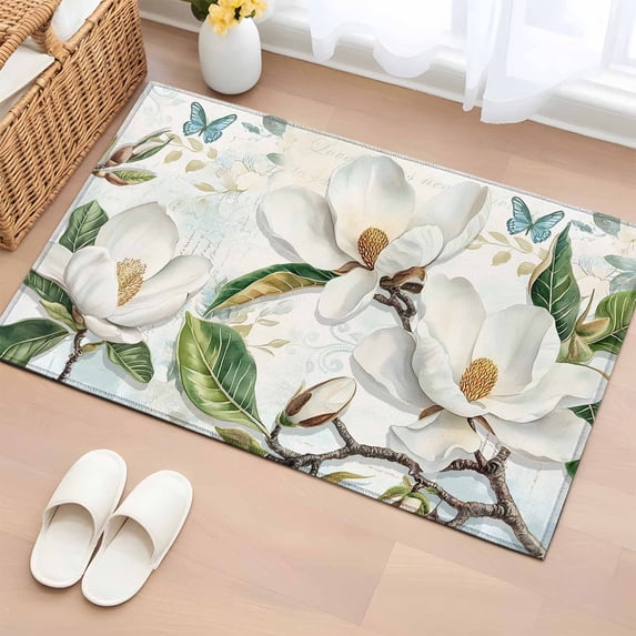 Rectangle Area Rug 2x3ft,Watercolor Flower on Vintage Letter Washable Carpet Non-Slip Runner Accent Rugs Indoor Floor Mat for Bedroom Living Room Decor,Spring Green Leaves