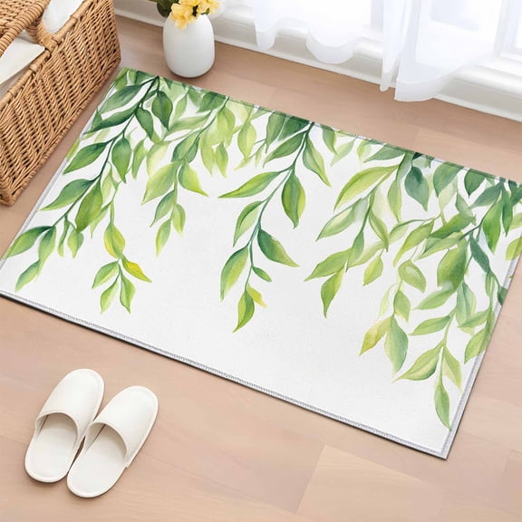 Rectangle Area Rug 2x3ft, Watercolor Green Leaf Non-Shedding Washable Area Rug, Rustic Natural Seasonal Plant Non Slip Low-Profile Rugs for Living Room, Bedroom Dining Room